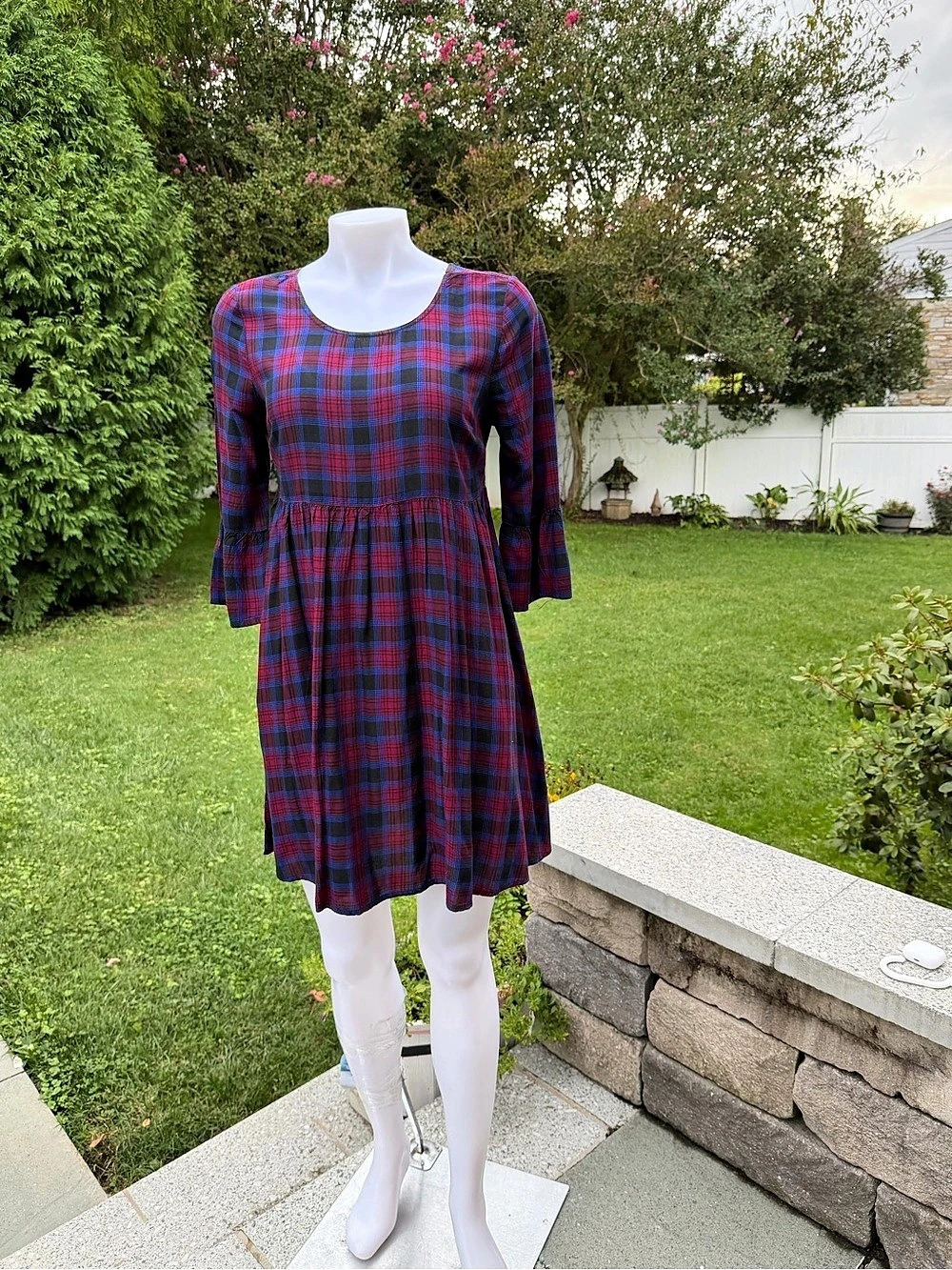 LOFT Plaid Bell Sleeve Tie Back A-Line Mini Dress in Blue & Red